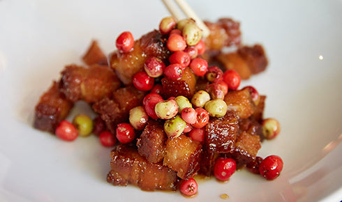 KYLIE KWONG'S RED-BRAISED, CARAMELISED PORK BELLY WITH FRESH NATIVE MUNTRIES