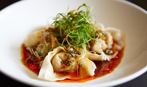 KYLIE KWONG'S PRAWN WONTONS WITH SPRING ONION, GINGER & VINEGAR DRESSING